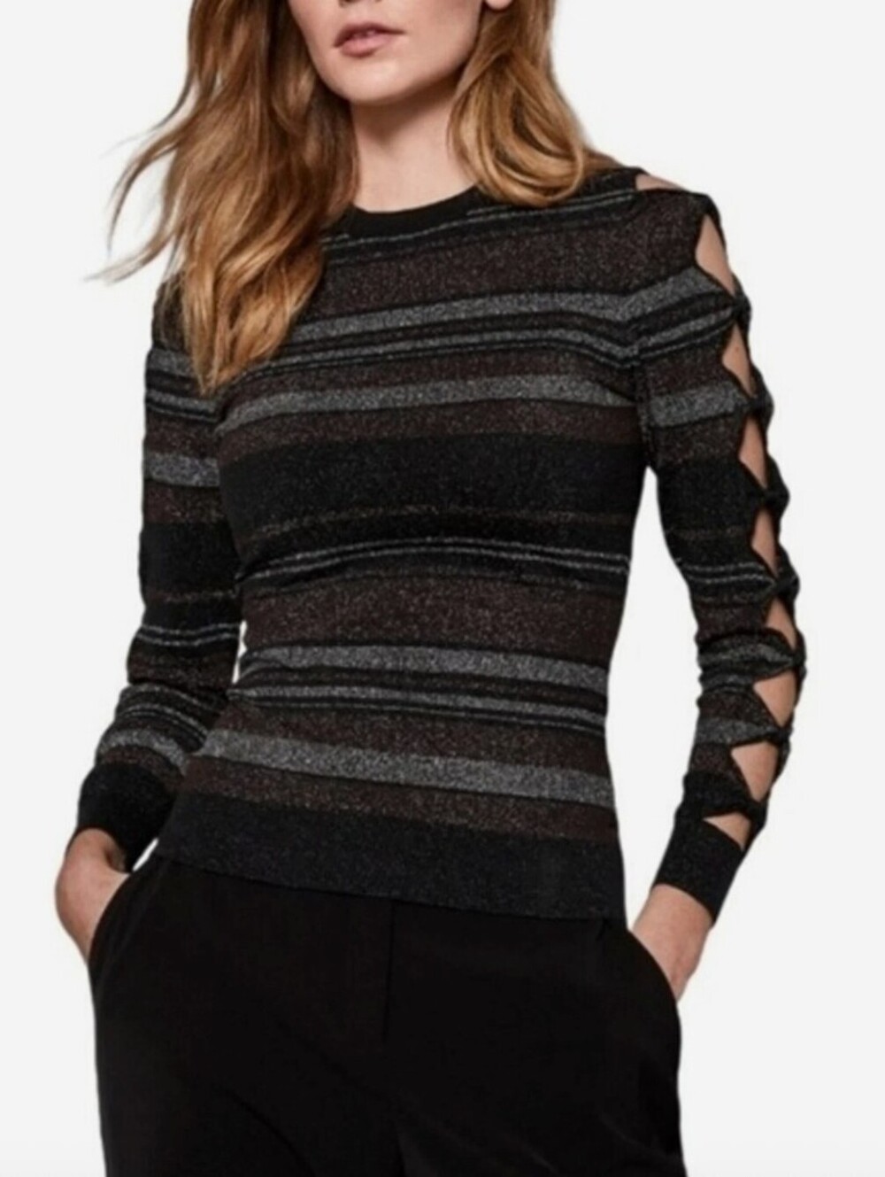 Ted Baker Brown Integral Jelinaa Metallic Striped Bow Sleeve Sweater - Size - 4